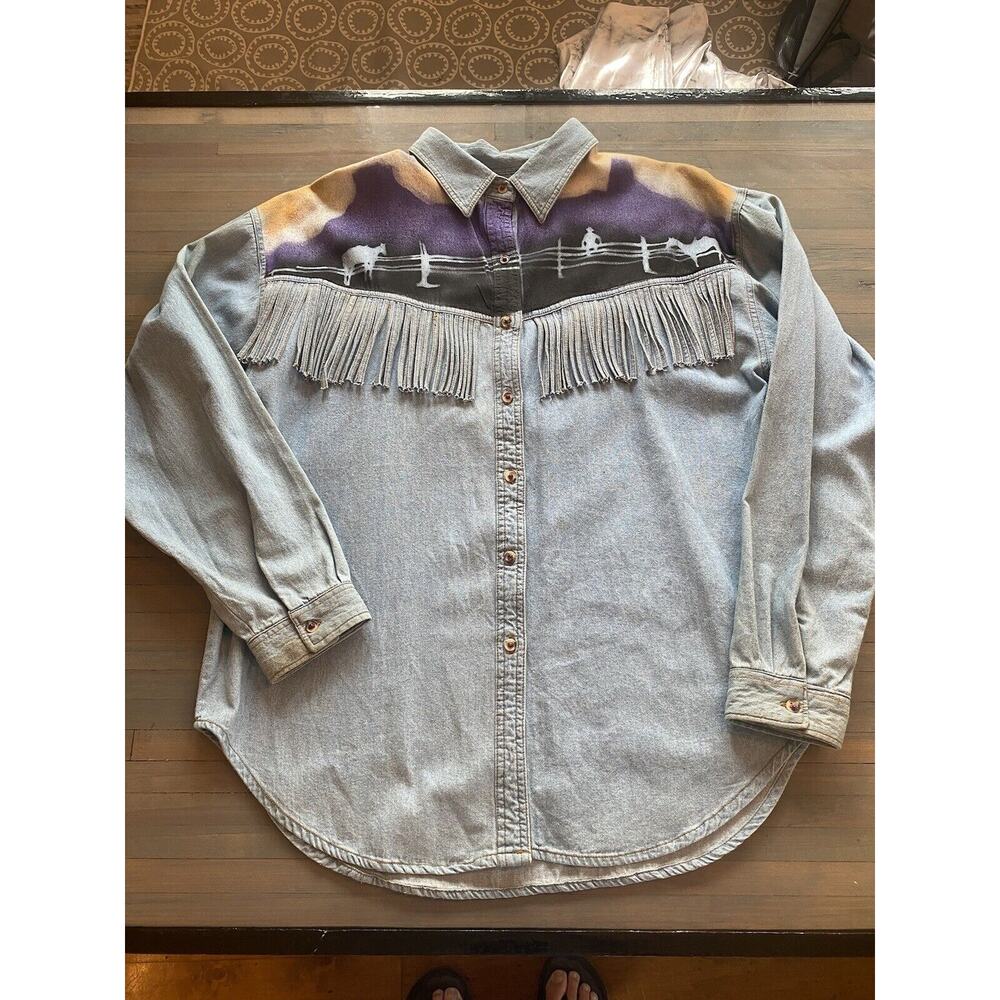 Vtg Wanted By Beads Denim Fringe Western Scene Cowgirl Bead Button Up Shirt